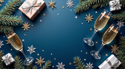 Festive Christmas and New Year's Eve flat lay with champagne, gift boxes, fir branches, and glittery ornaments on a blue background.