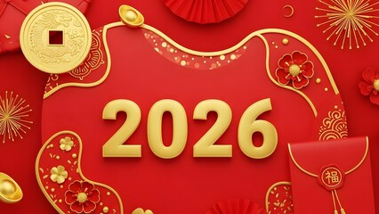3d render of year 2026 in gold on red background for chinese new year celebration