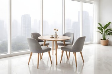 Fototapeta premium Minimalist dining space with city skyline view