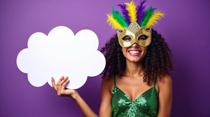 Smiling woman in a festive Mardi Gras mask with purple, green, and gold feathers holds a blank thought bubble sign on a vibrant purple background.