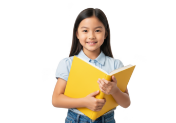 Young girl holding a yellow book isolated on transparent background