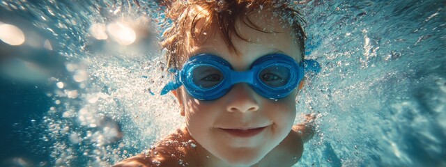 Fototapeta premium Little Boy Diving Underwater with Blue Goggles in Clear Pool Water Surrounded by Bubbles and Sunlight