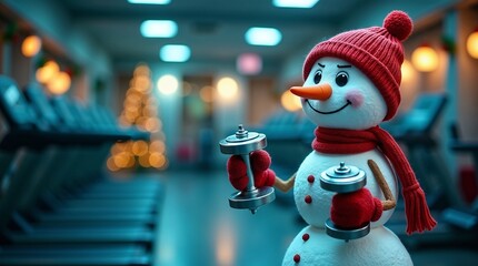 A smiling snowman fitness trainer character in a red hat and scarf lifts dumbbells in a gym, a funny concept for Christmas fitness and New Year resolutions.