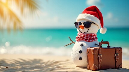 A happy snowman in a Santa hat and sunglasses with a vintage suitcase on a sunny tropical beach, for Christmas vacation or holiday travel concepts.