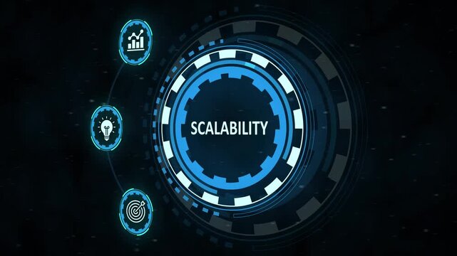 futuristic business scalability interface with blue hud icons. business scalability and capacity strategy dashboard. scalability data visualization with innovation symbols.