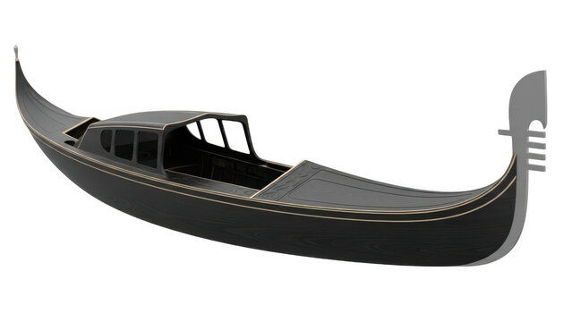 Traditional black gondola boat with cabin, classic Venetian rowing vessel isolated on white, elegant Italian watercraft for travel and tourism design