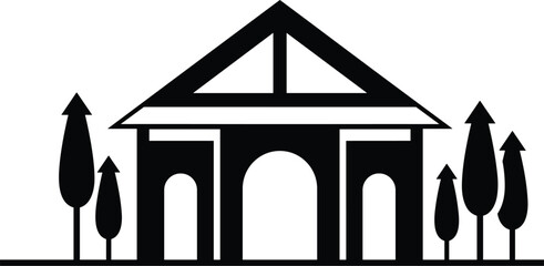 Classical temple silhouette icon with columns and trees, minimalist architecture symbol for museum, courthouse, education, heritage branding, logo design, vector illustration, black solid graphic