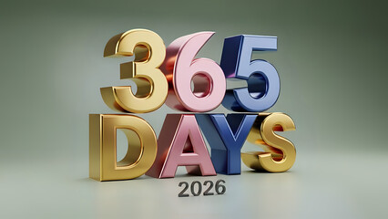 Three dimensional metallic text displaying 365 days for the year 2026 rendered in gold pink and blue against a soft background