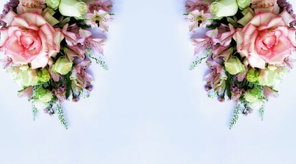 Festive bouquet of various colors on a white background with a place for text. Background for congratulations, invitations.	