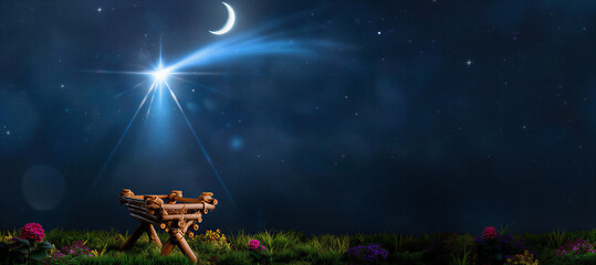 Fototapeta premium christmas tree and stars. Nativity Of Jesus - Scene With The Holy Family With Comet At Sunrise . sunset in the park