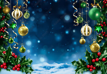 christmas tree with balls. Christmas Night - Red Balls Hanging With Snow And Fir Branches In Winter Abstract Blue Backdrop 