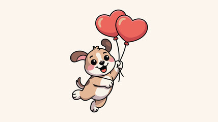 Cute cartoon puppy holding red heart balloons floating