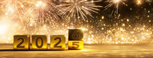 2026 New Year Celebration - Wooden Number Blocks And Fireworks At Blue Eve Night With Abstract Defocused Lights 