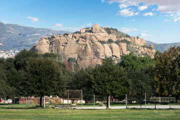 Photograph of Stoney Point Park from Chatsworth Park North in the San Fernando Valley area of Los Angeles California. Generative fill AI editing was used to remove light poles and distracting objects.
