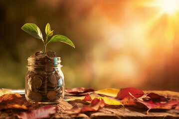 autumn leaves on a wooden table. Plant Growing In Savings Coins - Investment And Interest Concept  