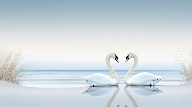 Two swans float on glassy water near tall reeds with mirrored reflections under a soft pastel sky, composed with wide empty areas and a clear open horizon providing ample space for text or graphic ele