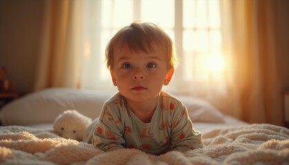 Fototapeta premium Small child in pajamas lies on bed near window. Gentle sun light warms boy ready for sleep. Soft blanket and toy create cozy atmosphere for kid.