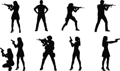 Armed men and women black silhouettes holding guns and rifles, female figures in heels with weapon, action movie poster vector illustration, spy agent and security concept.
