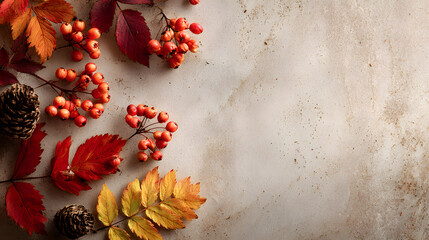 Frame of colorful red and yellow autumn leaves with cones and rowan berries on trendy beige background. First day of school, back to school, fall concept