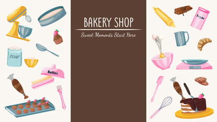 Pastry website banner with baking tools, ingredients and desserts. Cartoon design for bakery shop, baking class, pastry website, menu and food advertising.