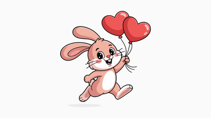 Happy Cartoon Rabbit Running with Heart Balloons