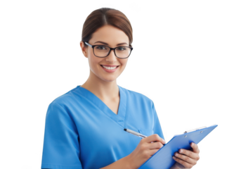 Smiling nurse holding clipboard isolated on transparent background