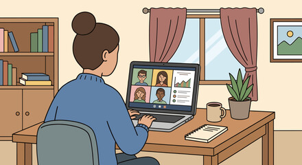 A woman works from home, participating in a video conference call with multiple colleagues on her laptop, in a cozy home office setting.