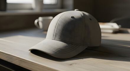 Plain White Baseball Cap Resting on Wooden Surface.