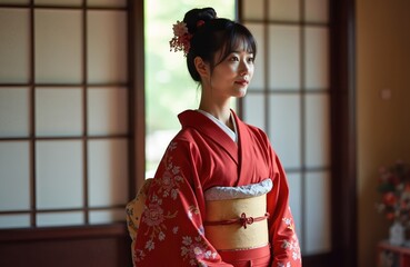 Young asian woman wears red kimono with floral pattern. Female person stands indoors near shoji screen. Elegant japanese lady celebrates graduation ceremony with traditional clothing.