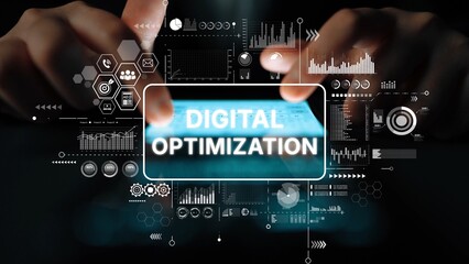 Hands Engaging with Touchscreen for Digital Optimization in a High-Tech Workspace Environment Featuring Charts and Graphs. Asymptotic smart data analytic.