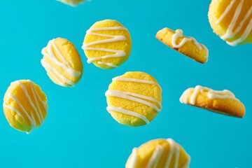 Floating Lemon Glazed Cookies on Turquoise Background