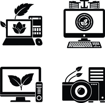 Set of eco friendly technology icons featuring green computing sustainable electronics organic leaf symbols and renewable energy digital hardware concepts.
