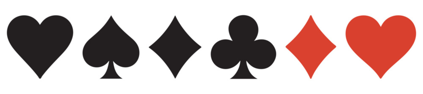 Hearts and Spades, Diamonds and Clubs card vector set. Black playing cards icon. 4 card suits symbol