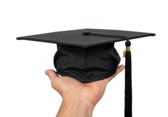 Hand holding graduation cap isolated on transparent background