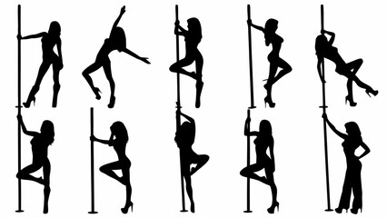 Silhouettes of women dancing on poles in various poses and high heels