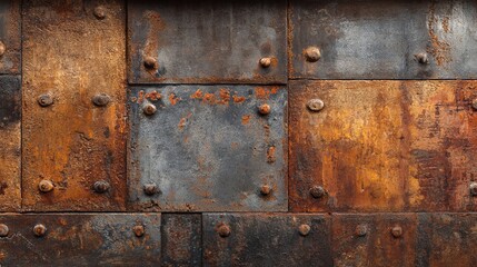 Fototapeta premium Weathered Metal Panels with Oxidation Patterns in a Factory Setting Showcasing Industrial Texture and Surface Details