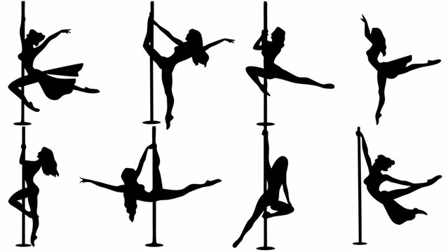 Dancer silhouettes performing dynamic pole dance moves