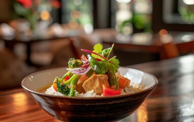 Close-up of a delicious bowl of Thai green curry, rich in colorful vegetables and tender meat, served in a stylish bowl.