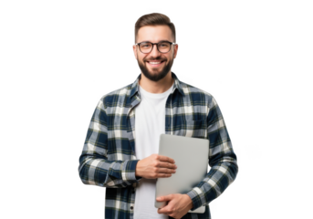 Smiling man holding tablet isolated on transparent background