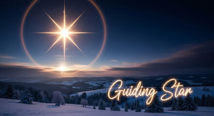 Bright guiding star shining over snowy mountain landscape at twilight with glowing text overlay