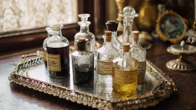 Ultra HD Collection of antique apothecary bottles with cork stoppers filled with various liquids, displayed on an ornate silver tray in a vintage setting video
