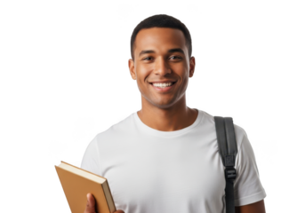 Smiling student holding book isolated on transparent background
