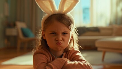 A young girl wears bunny ears making a funny face inside. She has an expression of playful defiance or mischief. The background indicates a cozy home interior Stock Video