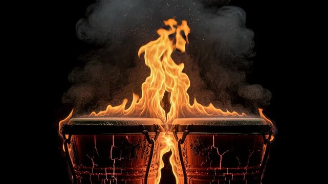 Pair of burning bongo drums on black backdrop with flames and rising smoke, producing high-contrast visual impact and ample dark space for text or graphics, suitable for music, performance, pyrotechni