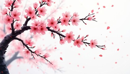 Fototapeta premium Pink cherry blossoms on dark branches against a white backdrop. Petals fall gently through the air. Delicate floral branches evoke spring. A beautiful nature graphic.