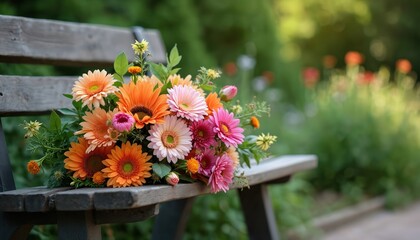 Colorful gerbera daisy bouquet rests on weathered wooden park bench amidst rich plants. Bright orange pink flowers await recipient in sunny garden setting.