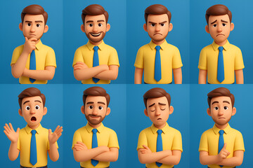 3D Cartoon Man Character Sheet with Multiple Facial Expressions and Poses
