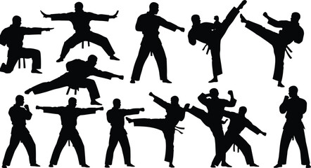 Karate and Taekwondo Martial Arts Silhouettes Vector, Dynamic Fighter Poses Collection, Athlete Training for Kick, Punch, and Kata, Combat Sport and Self-Defense Graphic Design.