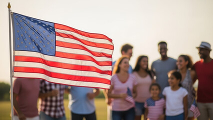 American flag, diverse crowd celebrates Independence Day. Happy multi ethnic group enjoys patriotic holiday, showing national pride for Independence Day. Concept for national events, unity,