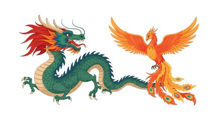Fototapeta premium Colorful dragon and phoenix illustration on white background